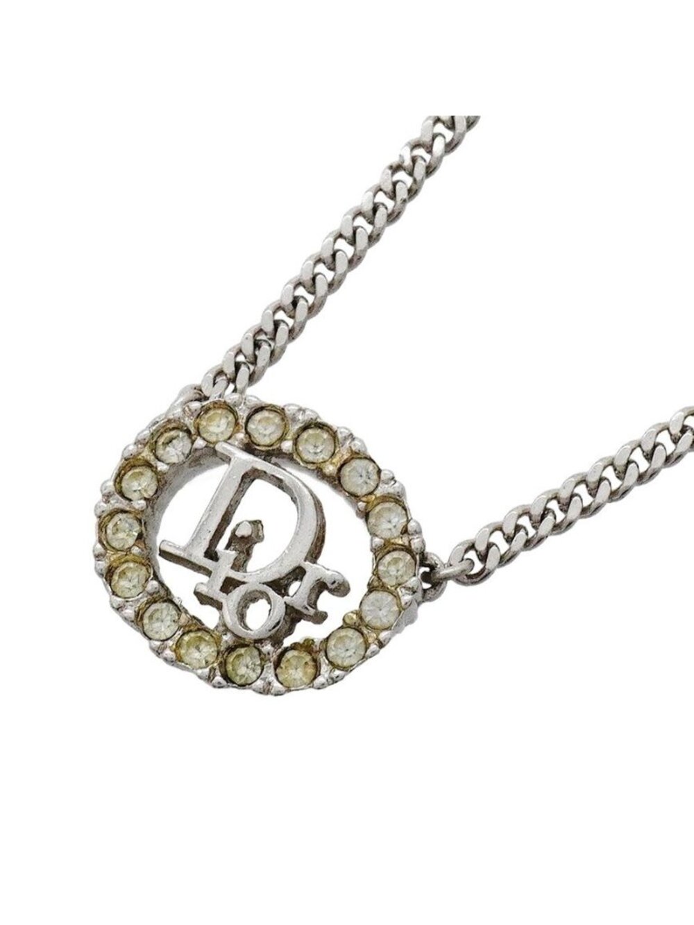 Dior Necklace Logo Oval Metal Rhinestone Silver